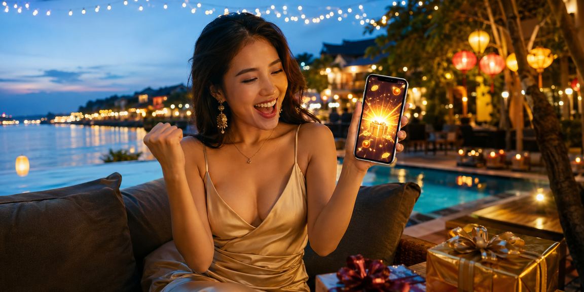 Người dùng tại Hội An truy cập ứng dụng qh888 bên tách cà phê sáng